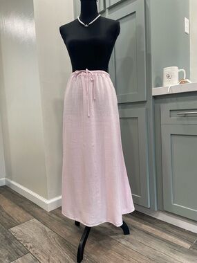 Light Pink Drawstring linen Maxi Skirt — Women’s Flowing Skirt